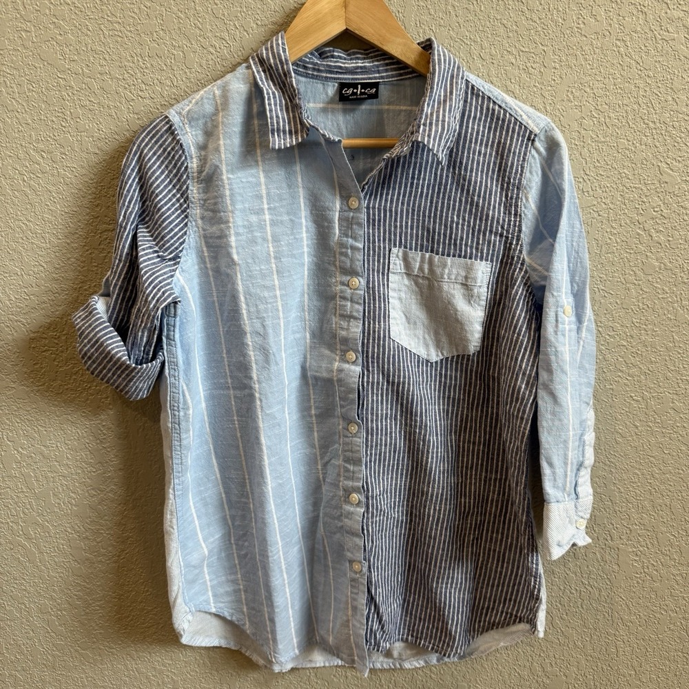 CG.L.CG Womens S Button Down Shirt Multi-Pattern Blue White Stripe 3/4 Sleeve